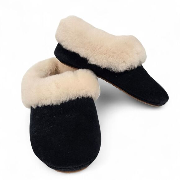 Vermont Country Store Womens Shearling Leather Suede Slippers 8M Navy Blue EUC! - Picture 1 of 6
